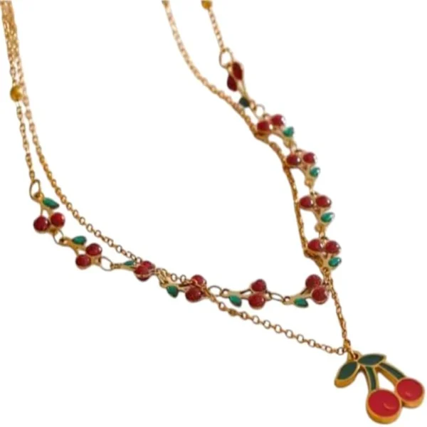 قلادة بدلاية مطلية بالذهب على شكل كرز، مينا احمر واخضر، تصميم سلسلة مزدوجة
