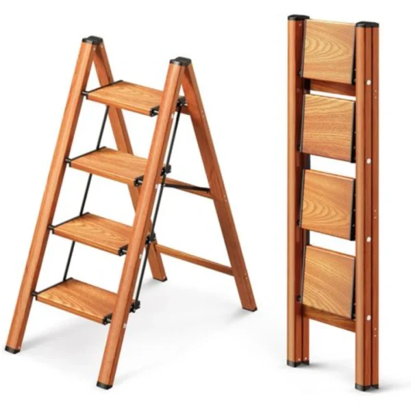 سلم 4 خطوات، سلم ألومنيوم خفيف الوزن مع دواسة واسعة، خشب، سلالم قابلة للطي محمولة، مانع للانزلاق