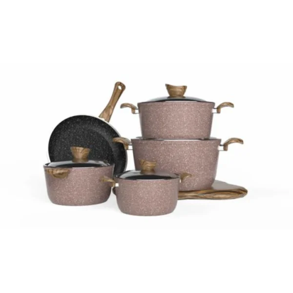 Granite طقم نوفيرا 9 قطع (القدر 18/20/24/28/ مقلاة 28 سم) أواني طبخ غير لاصقة بخمس طبقات، مصنوعة من مواد إيطالية وتكنولوجيا كورية لتجربة طهي فريدة وصحية.