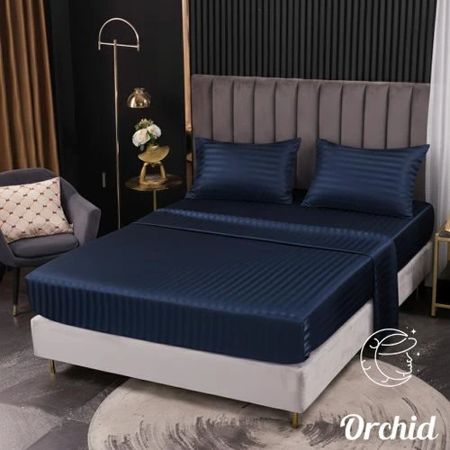 طقم ملاية سرير استك مخطط (استرايبد) نظام فندقي - قطن ناعم -لون كحلي